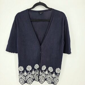 Talbots Navy Blue Embroidered VNeck Short Sleeve Button Front Cardigan Sweater L